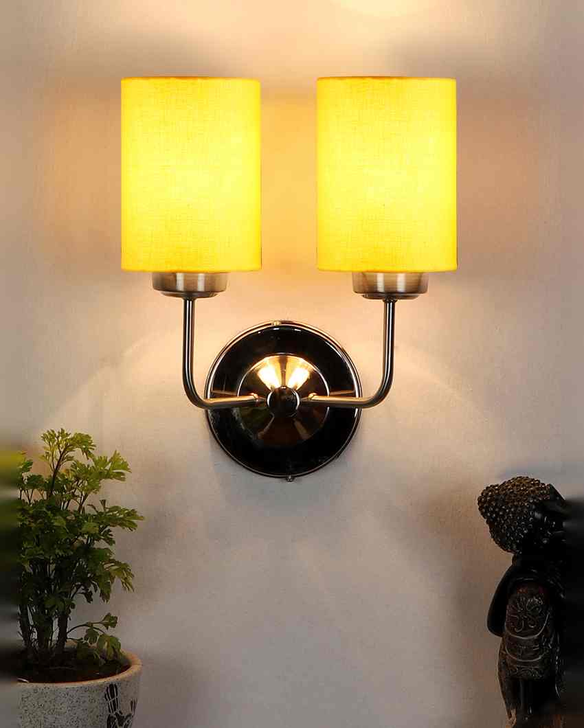 Stylish Yellow Cotton Wall Mounted Dual Lamp Steel Base | Set of 2 | 4 x 12 x 14 inches