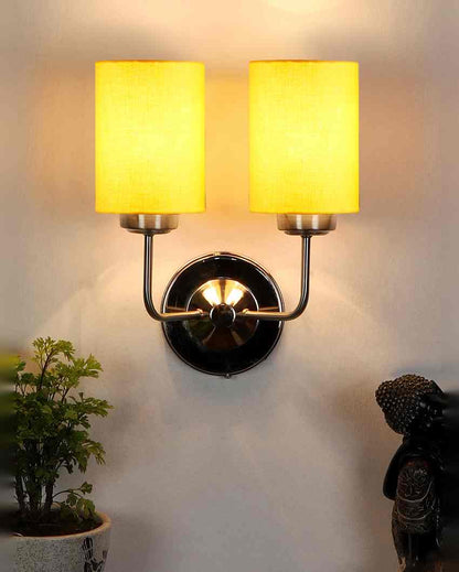 Stylish Yellow Cotton Wall Mounted Dual Lamp Steel Base | Set of 2 | 4 x 12 x 14 inches