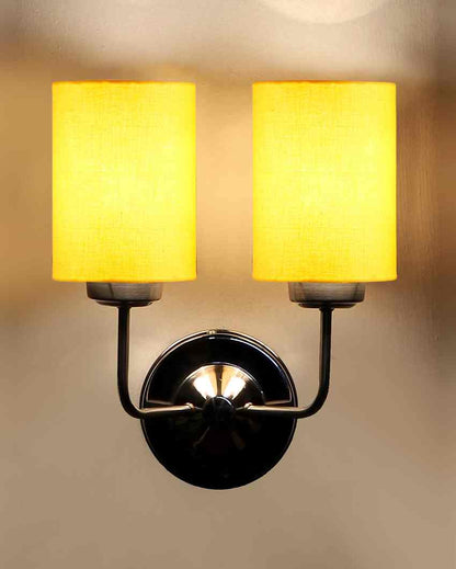 Stylish Yellow Cotton Wall Mounted Dual Lamp Steel Base | Set of 2 | 4 x 12 x 14 inches