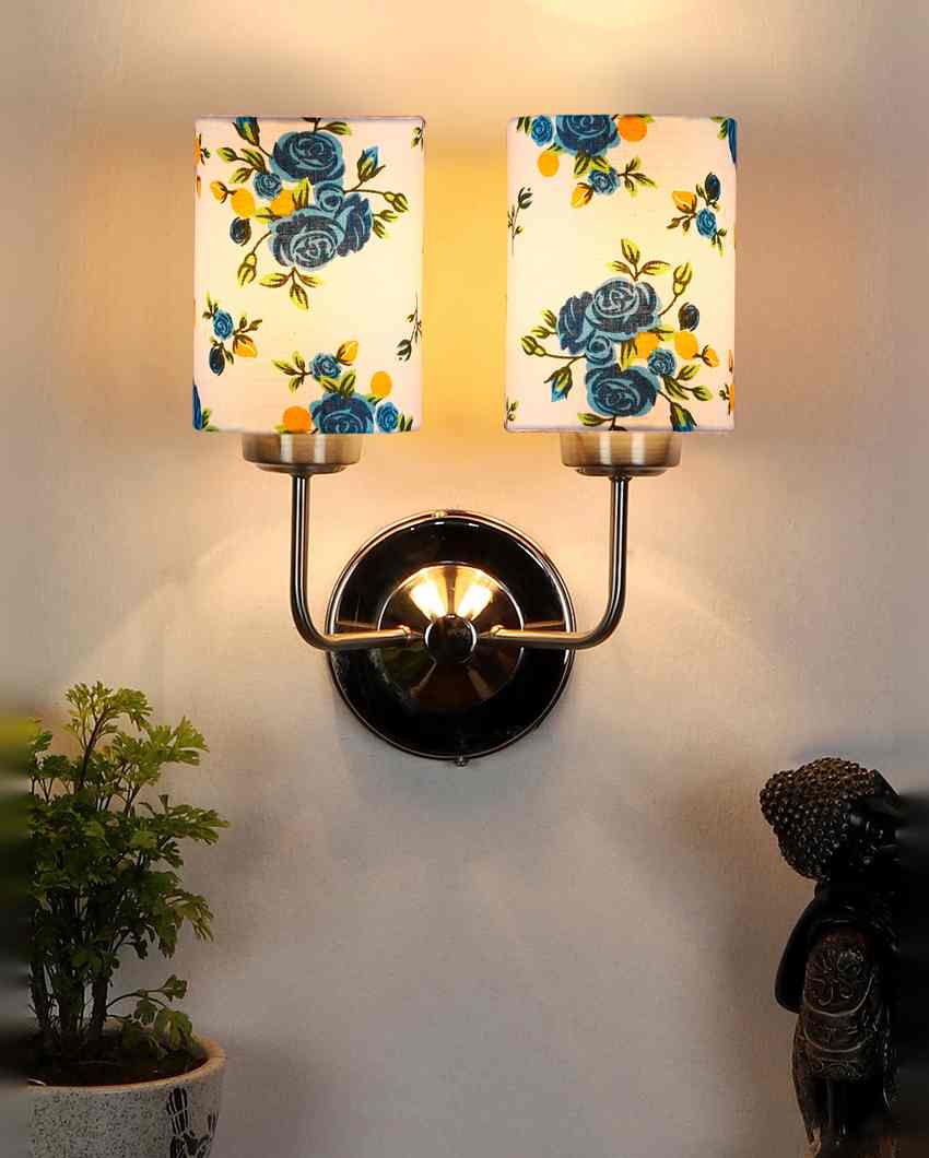 Artistic Cotton Shade Wall Mounted Dual Lamp With Steel Base | Set of 2 | 4 x 12 x 14 inches