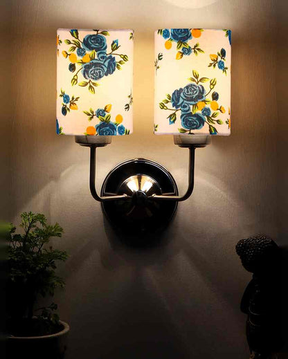 Artistic Cotton Shade Wall Mounted Dual Lamp With Steel Base | Set of 2 | 4 x 12 x 14 inches