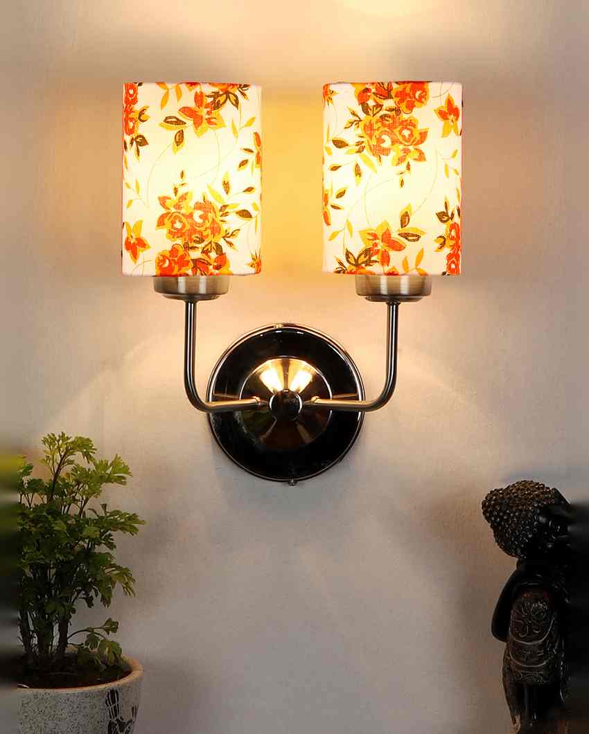 Simple Cotton Shade Wall Mounted Dual Lamp With Steel Base | Set of 2 | 4 x 12 x 14 inches