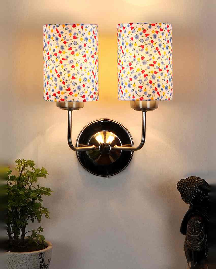 Sleek Cotton Shade Wall Mounted Dual Lamp With Steel Base | Set of 2 | 4 x 12 x 14 inches