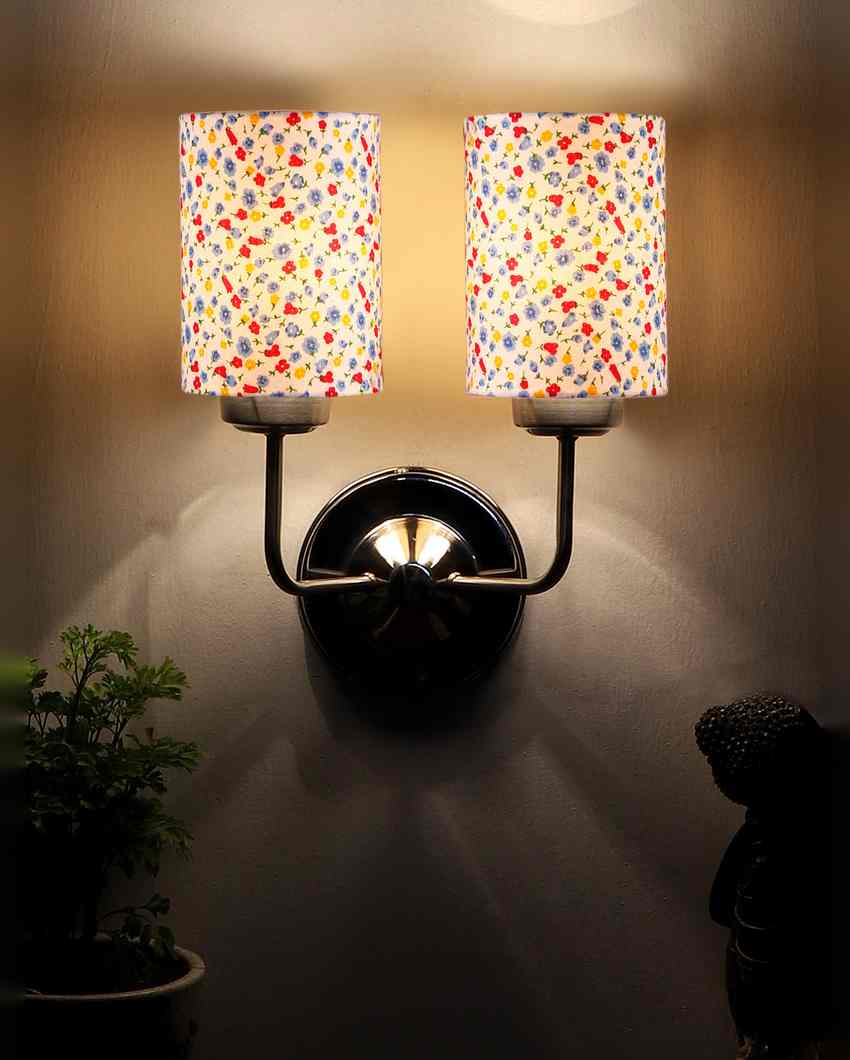 Sleek Cotton Shade Wall Mounted Dual Lamp With Steel Base | Set of 2 | 4 x 12 x 14 inches