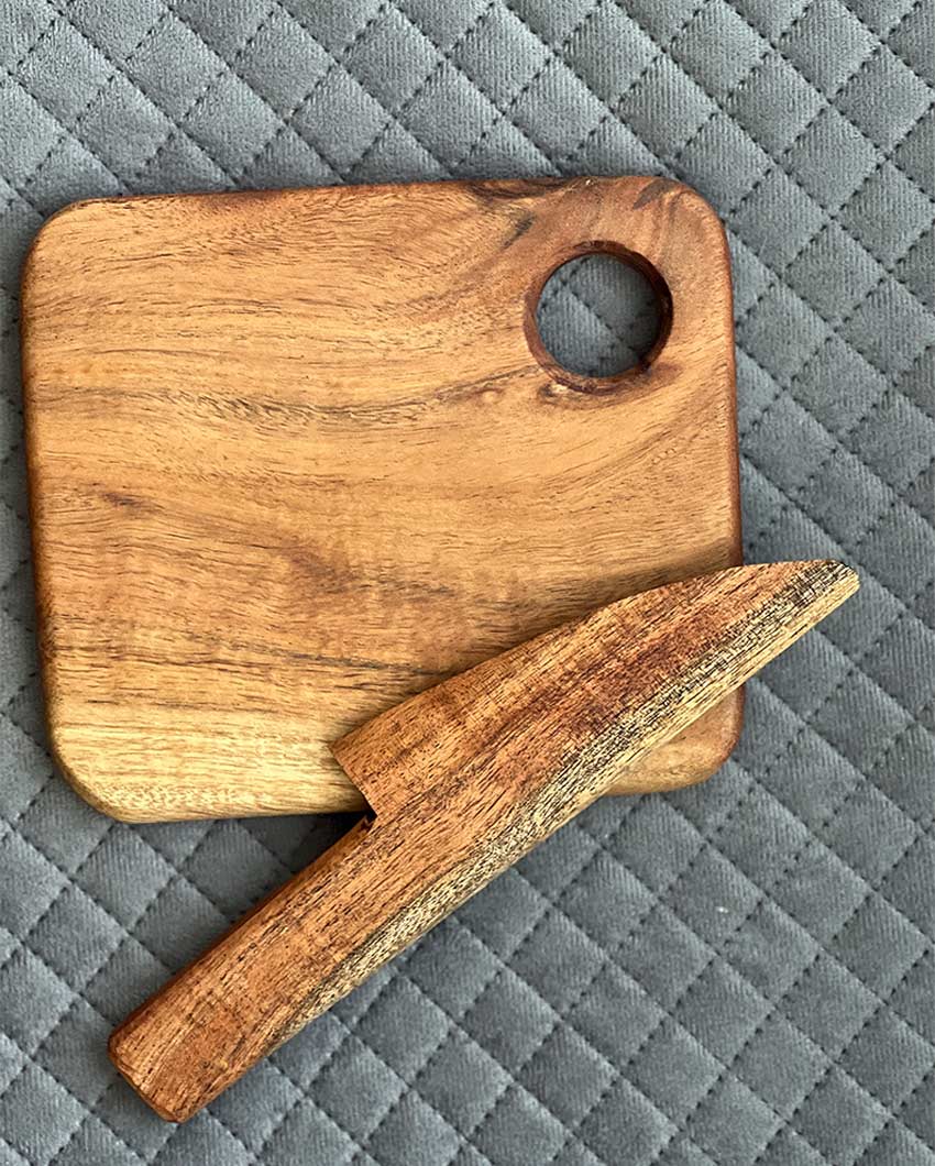 Elegant Wooden Cutting Board With Knife Set | 8 x 8 inches