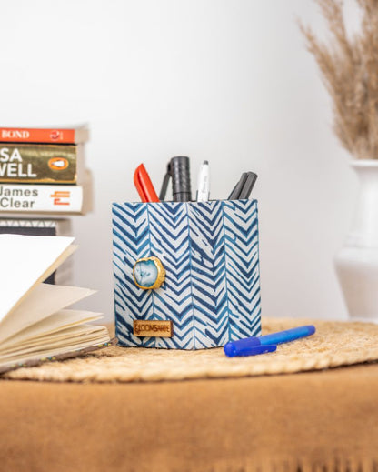 Blue Zebra Cotton Coated Mdf Pen Stand | 4 x 3 x 3 inches