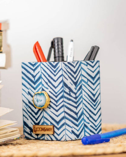 Blue Zebra Cotton Coated Mdf Pen Stand | 4 x 3 x 3 inches