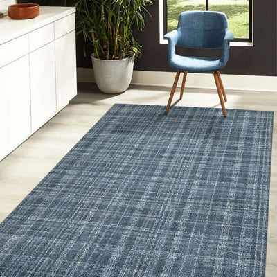 Turquoise Plaid Pattern Hand Tufted Carpet