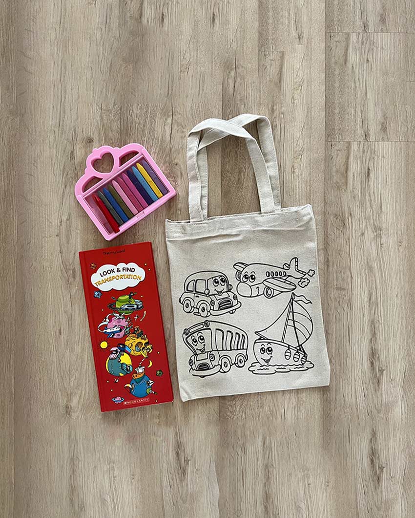 Travel DIY Coloring Little Boat Plane Car Bus Tote Bag | Set of 2 | 13 x 11 inches