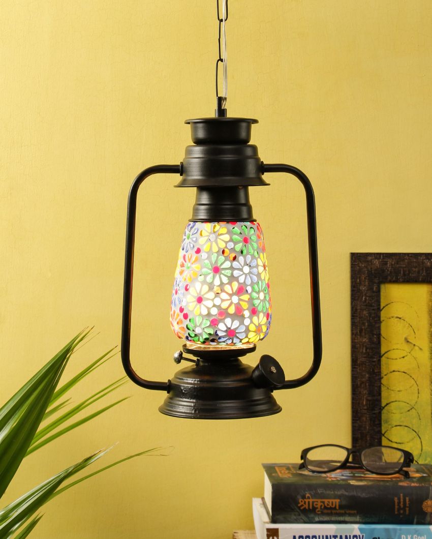 Mosaic Floral Glass Lantern Hanging Lamp  For Living Room and Bedroom | 8 x 5 x 22.5 inches