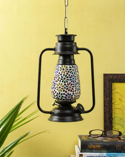 Mosaic Floral Glass Lantern Hanging Lamp  For Living Room and Bedroom | 8 x 5 x 22.5 inches