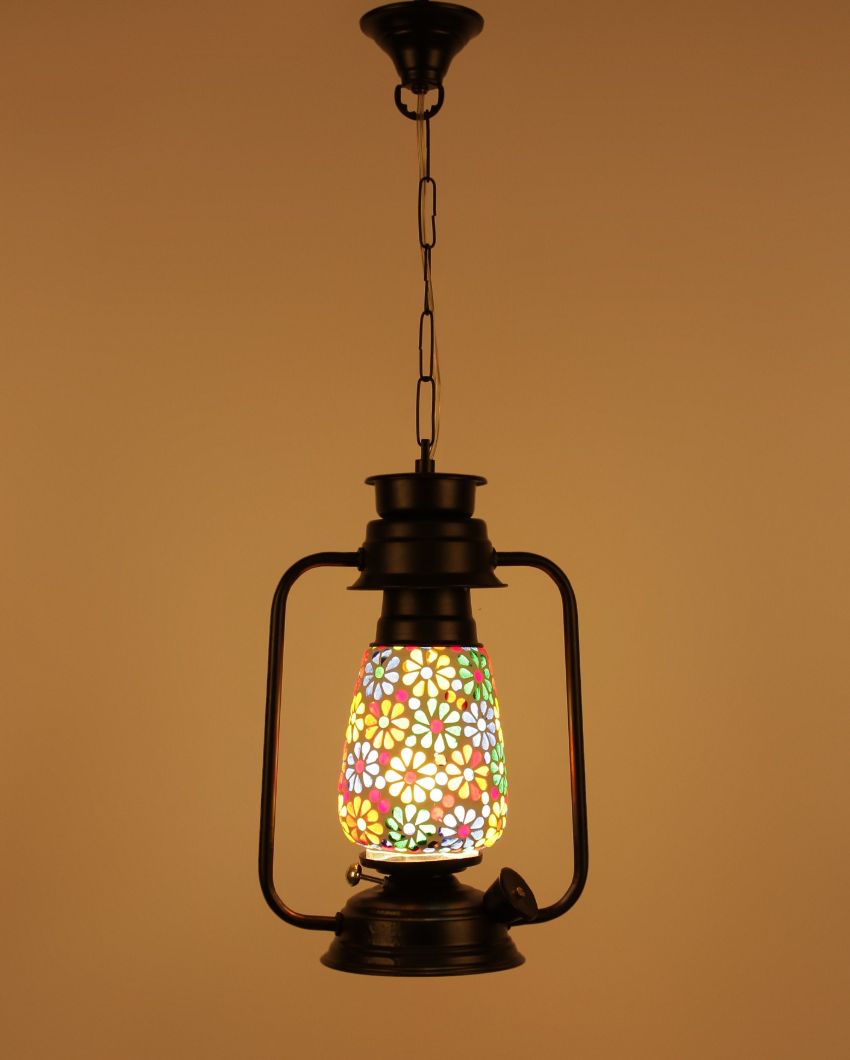 Mosaic Floral Glass Lantern Hanging Lamp  For Living Room and Bedroom | 8 x 5 x 22.5 inches