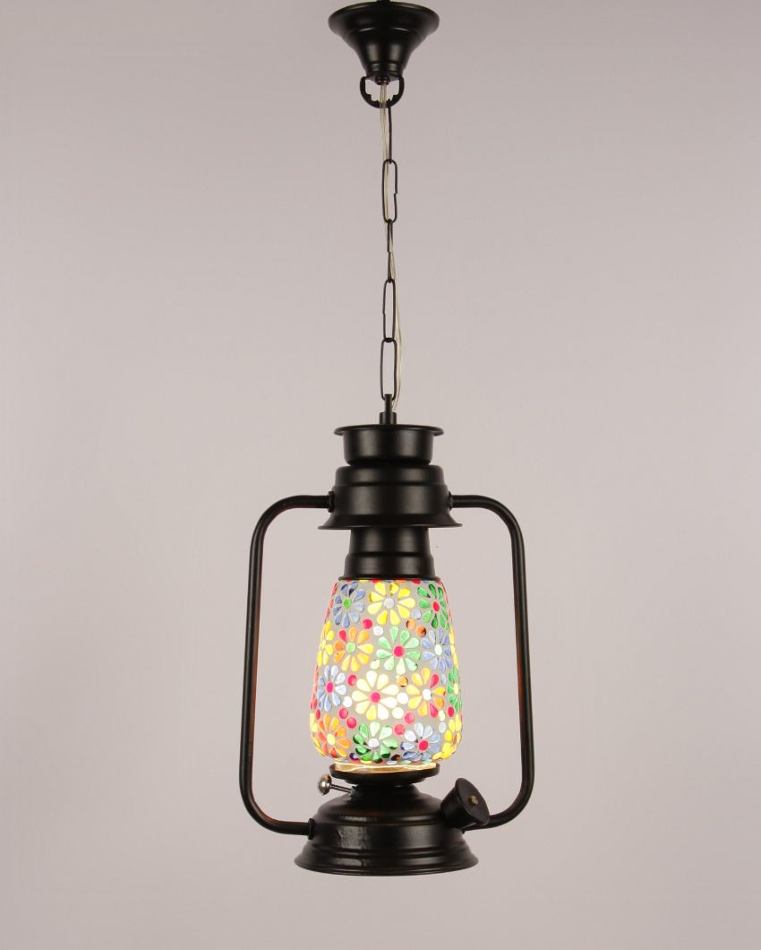 Mosaic Floral Glass Lantern Hanging Lamp  For Living Room and Bedroom | 8 x 5 x 22.5 inches