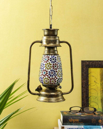 Mosaic Floral Glass Lantern Hanging Lamp  For Living Room and Bedroom | 8 x 5 x 22.5 inches