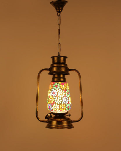 Mosaic Floral Glass Lantern Hanging Lamp  For Living Room and Bedroom | 8 x 5 x 22.5 inches