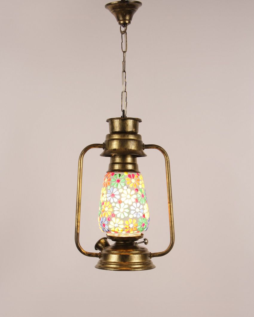 Mosaic Floral Glass Lantern Hanging Lamp  For Living Room and Bedroom | 8 x 5 x 22.5 inches