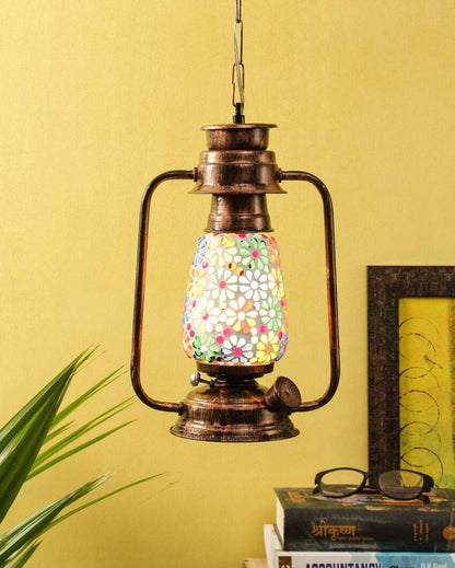 Mosaic Floral Glass Lantern Hanging Lamp  For Living Room and Bedroom | 8 x 5 x 22.5 inches