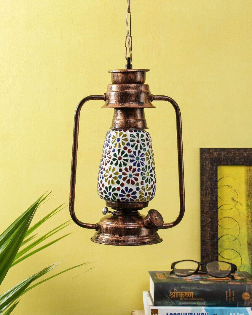 Mosaic Floral Glass Lantern Hanging Lamp  For Living Room and Bedroom | 8 x 5 x 22.5 inches