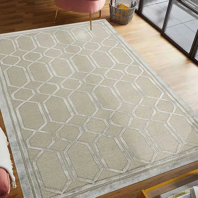 Beige Wool Lineation Hand Tufted Rug Carpet