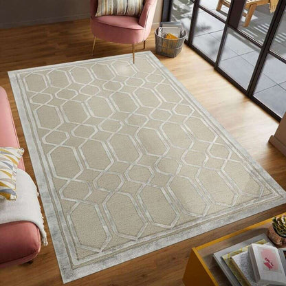 Beige Wool Lineation Hand Tufted Rug Carpet