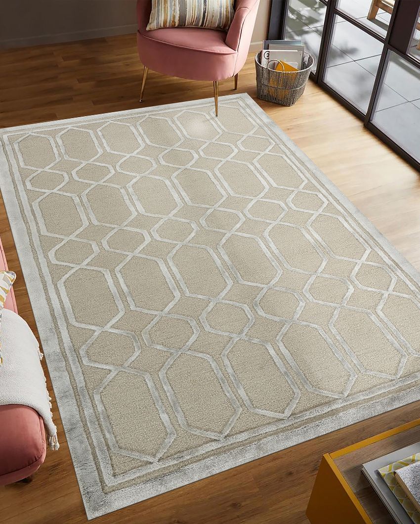 Beige Modern Geometric Pattern Hand Tufted Carpet | 10 x 8 feet