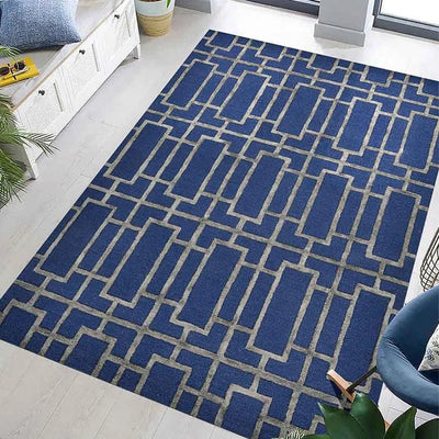 Navy Wool Lineation Hand Tufted Rug Carpet