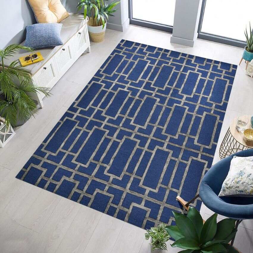 Navy Wool Lineation Hand Tufted Rug Carpet