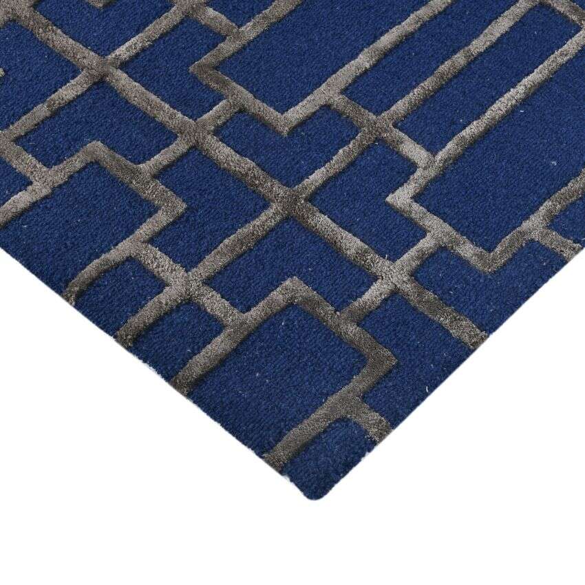 Navy Wool Lineation Hand Tufted Rug Carpet