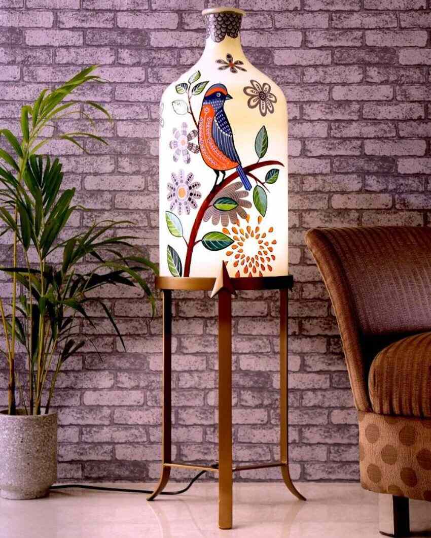 Feather Beauty Hand Painted Multicolor Glass Floor Lamp with Stand | 11 x 40 inches