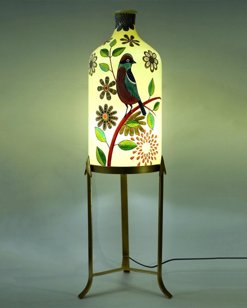 Feather Beauty Hand Painted Multicolor Glass Floor Lamp with Stand | 11 x 40 inches