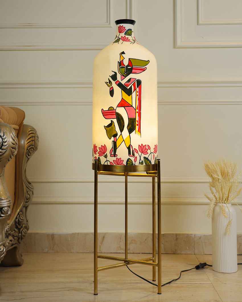 Auspicious Krishna Glass Floor Lamp with Foldabel Metal Stand | 11 x 41 inches