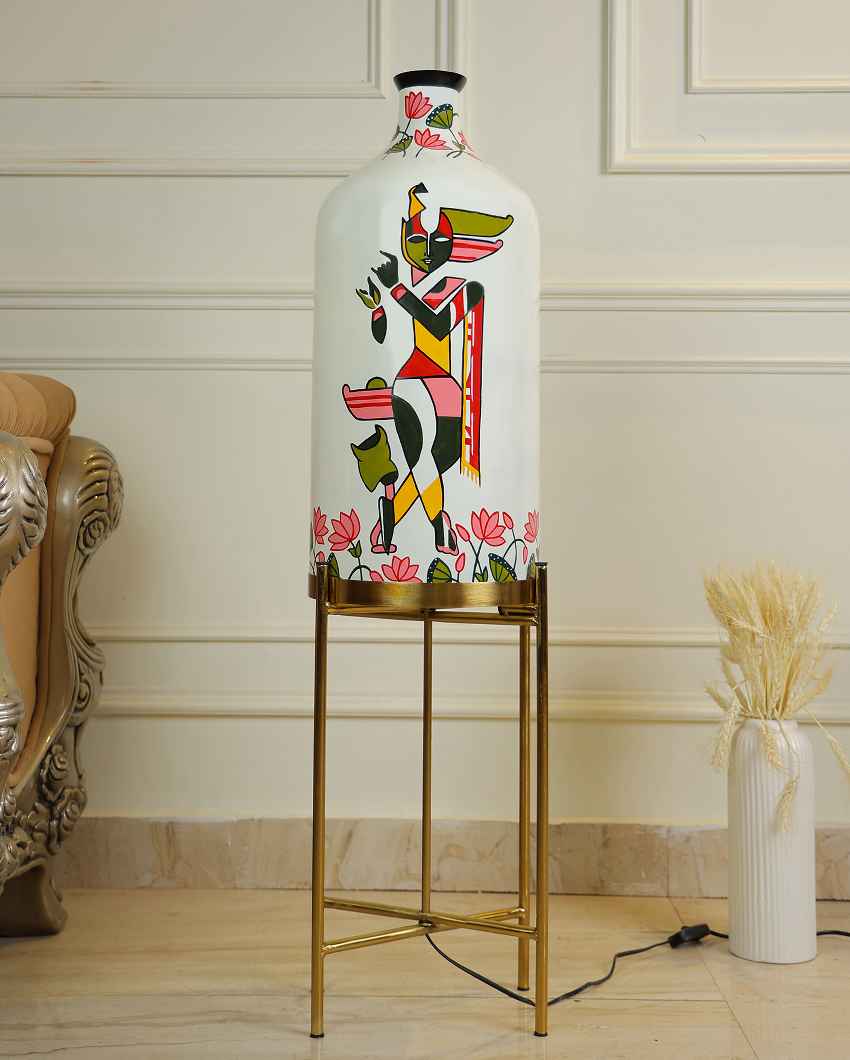 Auspicious Krishna Glass Floor Lamp with Foldabel Metal Stand | 11 x 41 inches