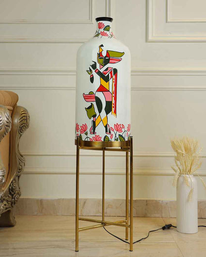 Auspicious Krishna Glass Floor Lamp with Foldabel Metal Stand | 11 x 41 inches