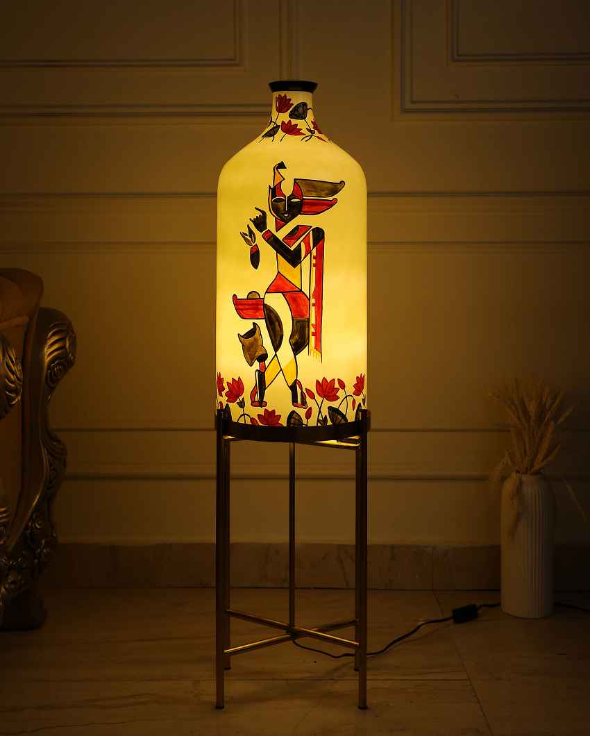 Auspicious Krishna Glass Floor Lamp with Foldabel Metal Stand | 11 x 41 inches