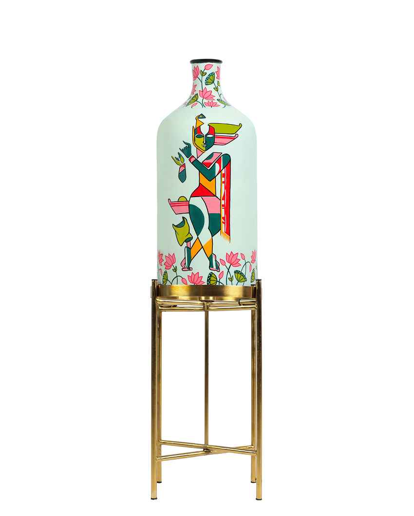 Auspicious Krishna Glass Floor Lamp with Foldabel Metal Stand | 11 x 41 inches