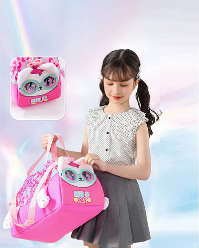 Playful Pink Mint Cat Theme 26L Kids Duffel Bag | 17 x 7 x 10 inches