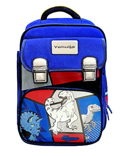 Blue and Red Block Dinosaur School Backpack for Kids | 15 x 12 x 6 inches