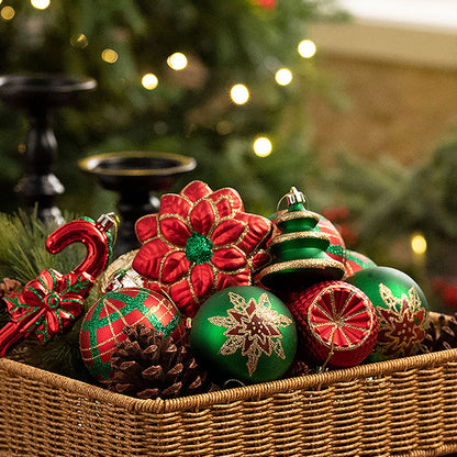 Classic Red Green & Gold Poinsettia Themed X Mas Balls Christmas Decoration | 14 x 5 x 12 inches