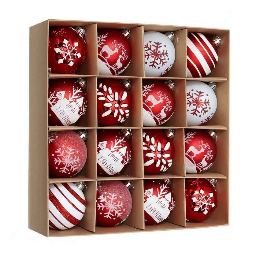 Red and White Christmas Ball Ornament Decoration | 16 Pieces | 13 x 3 inches