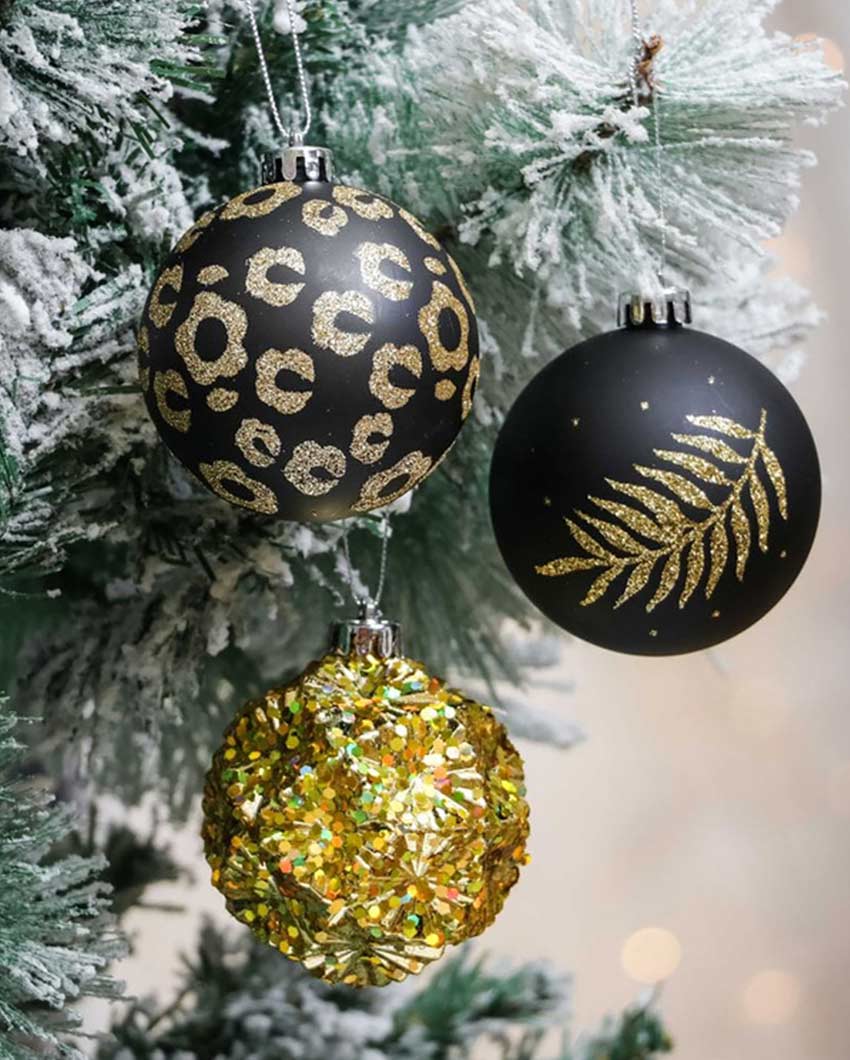 Elegant Black & Gold Shimmer Christmas Ball Ornaments | 15 x 5 inches