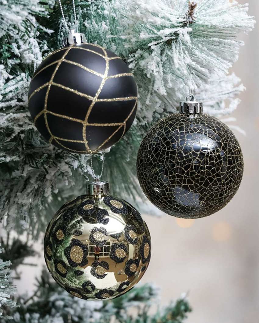 Elegant Black & Gold Shimmer Christmas Ball Ornaments | 15 x 5 inches