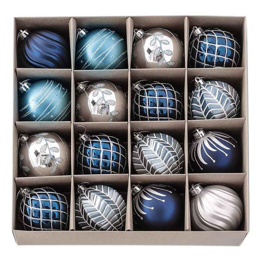 Blue and Silver Stripes Christmas Ball Ornaments Decoration | 16 Pieces | 13 x 3 inches