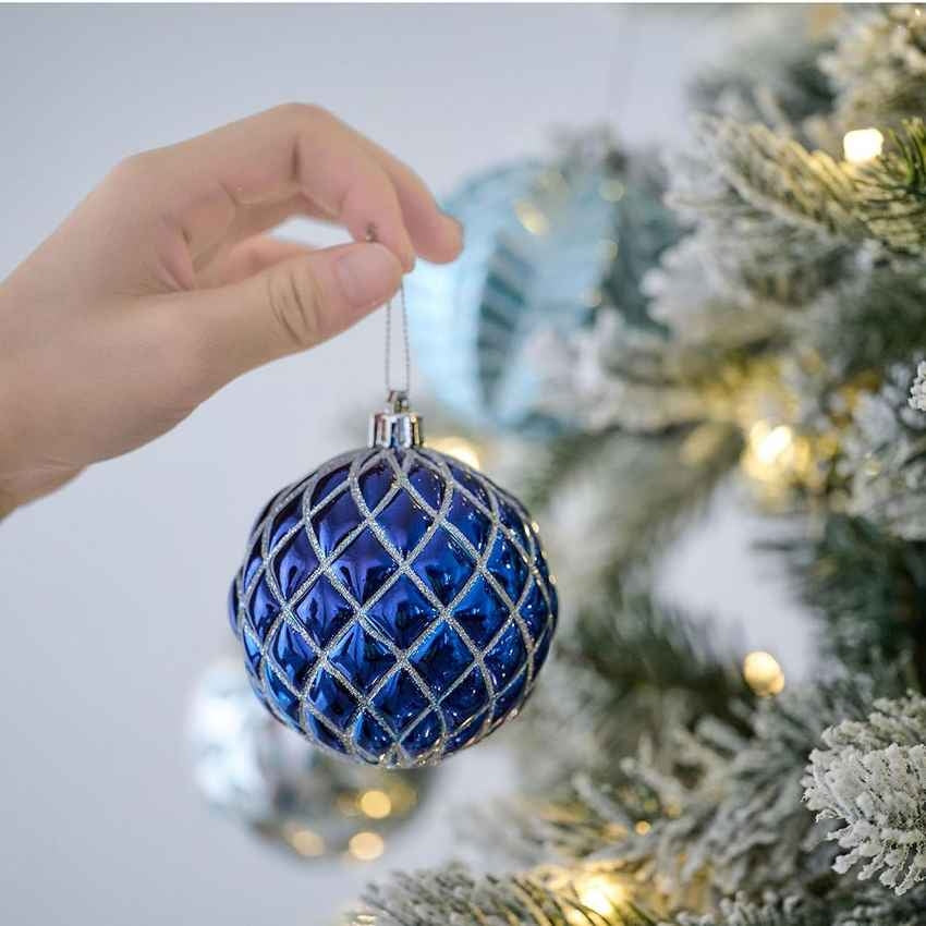 Blue and Silver Stripes Christmas Ball Ornaments Decoration | 16 Pieces | 13 x 3 inches