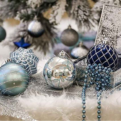 Blue and Silver Stripes Christmas Ball Ornaments Decoration | 16 Pieces | 13 x 3 inches