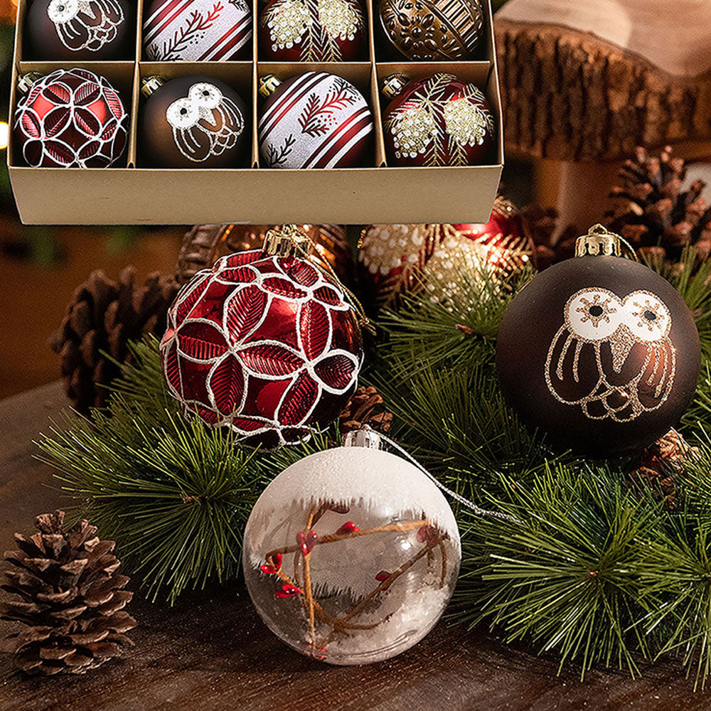 Maroon & Brown Woodland Owl Themed X Mas Balls Christmas Decoration | 13 x 4 x 13 inches