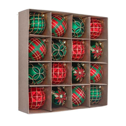 Red and Green Gold Christmas Ball Ornament Decoration | 16 Pieces | 13 x 3 inches