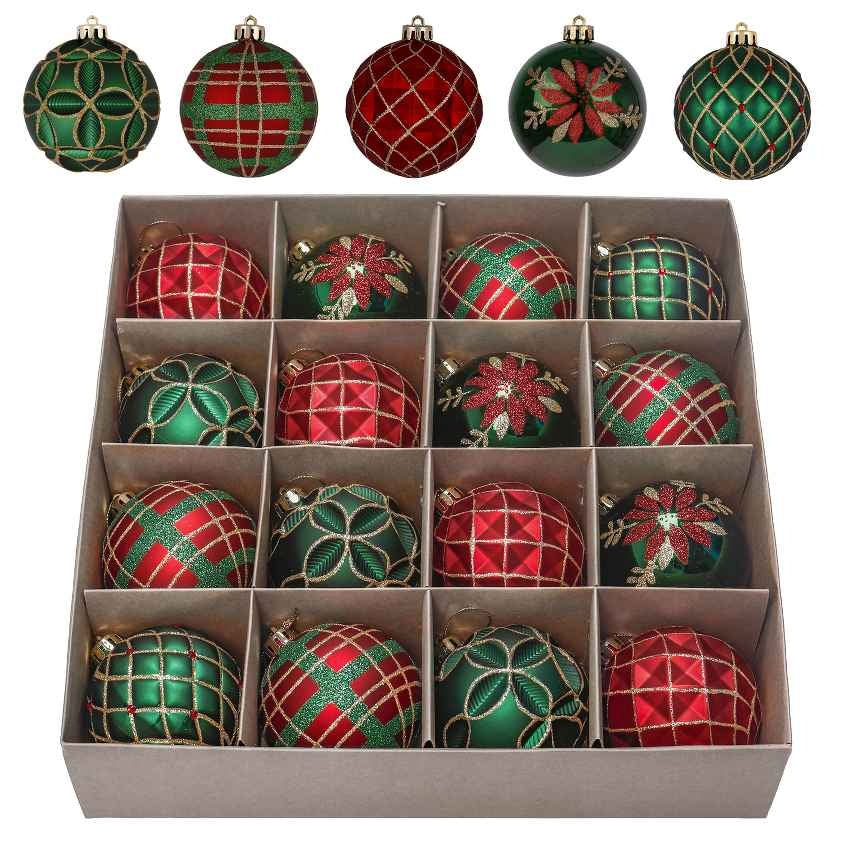 Red and Green Gold Christmas Ball Ornament Decoration | 16 Pieces | 13 x 3 inches