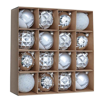 Silver White Disco Shimmer Christmas Ball Ornaments Decoration | 16 Pieces | 13 x 3 inches