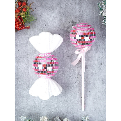 Pink Shiny Disco Themed Big Size Candy Shaped Tree Ornaments Christmas Decoration | Pack of 2 | 8 x 14 inches