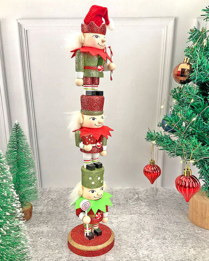 3 Tier Stacked Wooden Elves Christmas Table Decor | 16 x 4 inches